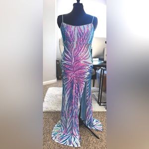 Betsy & Adam Women’s multicolored sequin gown with sheath silhouette & sexy slit
